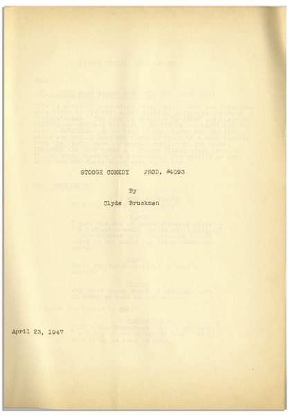 Moe Howard's 30pp. Script Dated April 1947 for The Three Stooges Film ''Pardon My Clutch'' -- Very Good Plus Condition